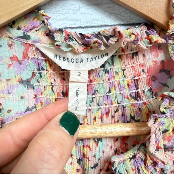 Rebecca Taylor | Silk & Cotton Pink Speckled Ruffle Ruched Blouse - Size 2 - Picture 2 of 14